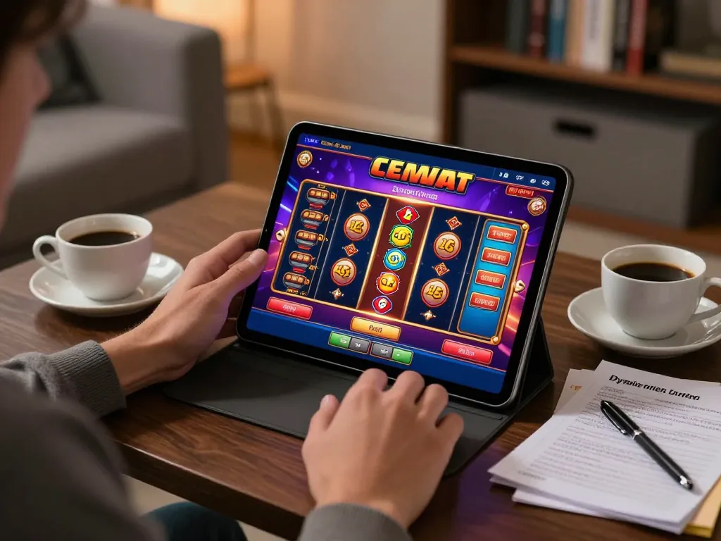 Engaging with a situs toto slot game online in a cozy living room setup, enhancing responsible gambling.