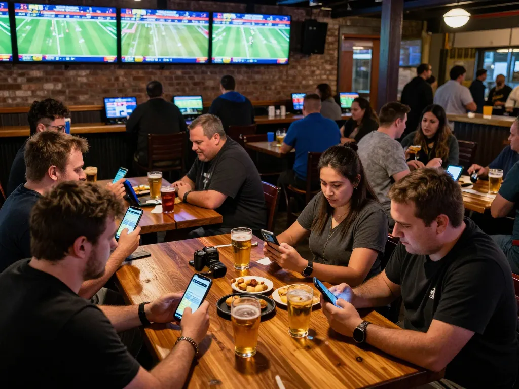 Patrons engaging in sports betting at DH88 with smartphones, enhancing their gaming experience