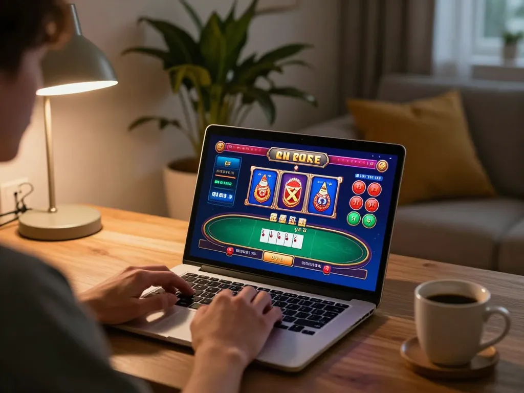 Kuwin online betting player enjoying a vibrant gaming experience at home with poker and slots.