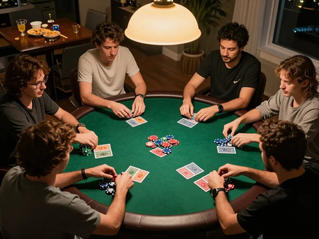 Players enjoying a festive poker night at okfun, surrounded by snacks and drinks, cards and chips visible on the table