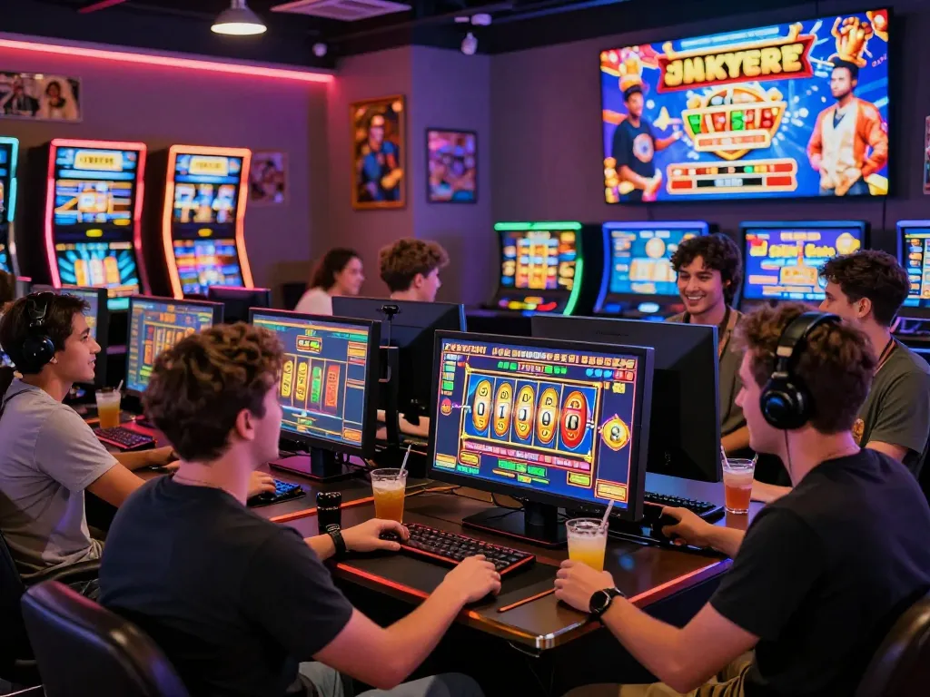 Exciting online gaming atmosphere with tante77 slot enthusiasts enjoying animated games and vibrant decor.