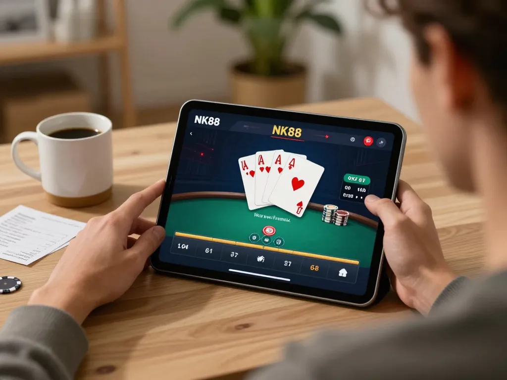 Player immersed in NK88 casino app gameplay on tablet with engaging poker interface