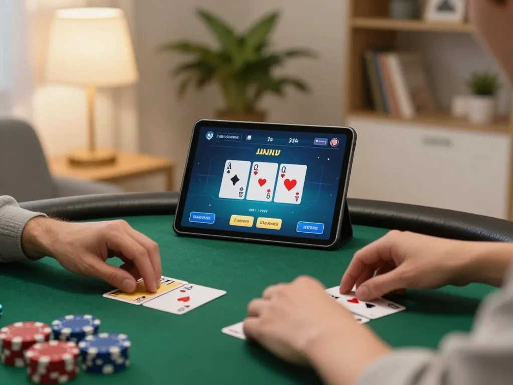 Sesi poker online yang menarik dengan tante77 ditampilkan di tablet, menunjukkan permainan strategis.