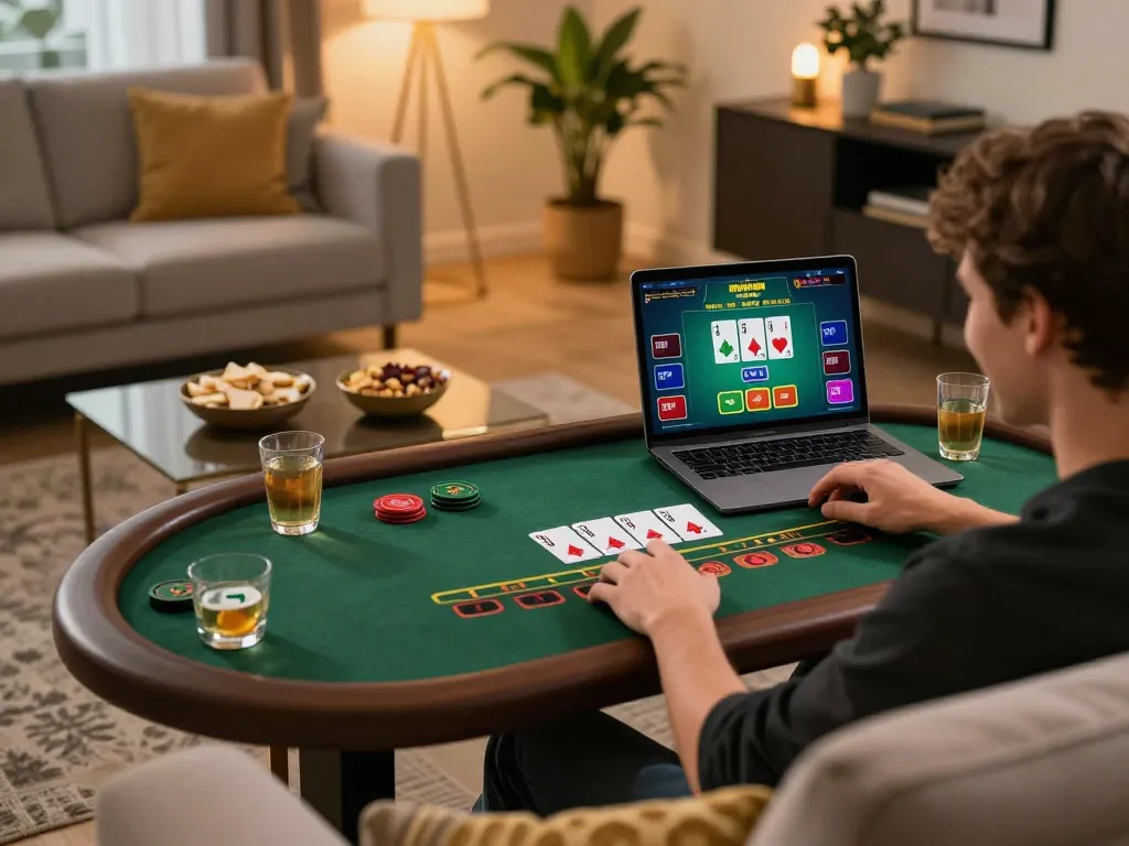 Play blackjack online at sunwin from a cozy living room, showing a player with winning cards.