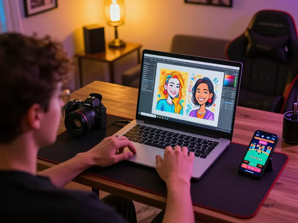Creating caricatures Chatgpt while enjoying online poker on a modern laptop at home.