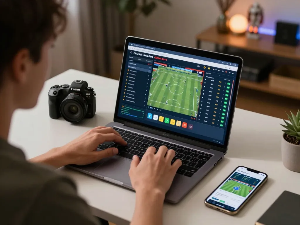 Engaging sports betting scene featuring the tr88 nhà cái online betting app on a laptop and smartphone in a cozy home office