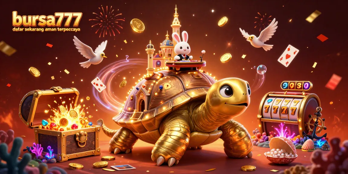 Burst into action with bursa777 daftar sekarang aman terpercaya featuring a playful cartoon scene filled with a tortoise casino, coins, and festive confetti.