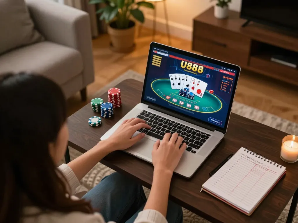 Engaging player enjoying U888 poker game on laptop at home, showcasing responsible online gambling.