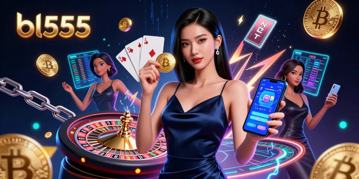 Feel the thrill of gaming with bl555 in this vibrant casino scene, showcasing roulette and crypto elements.