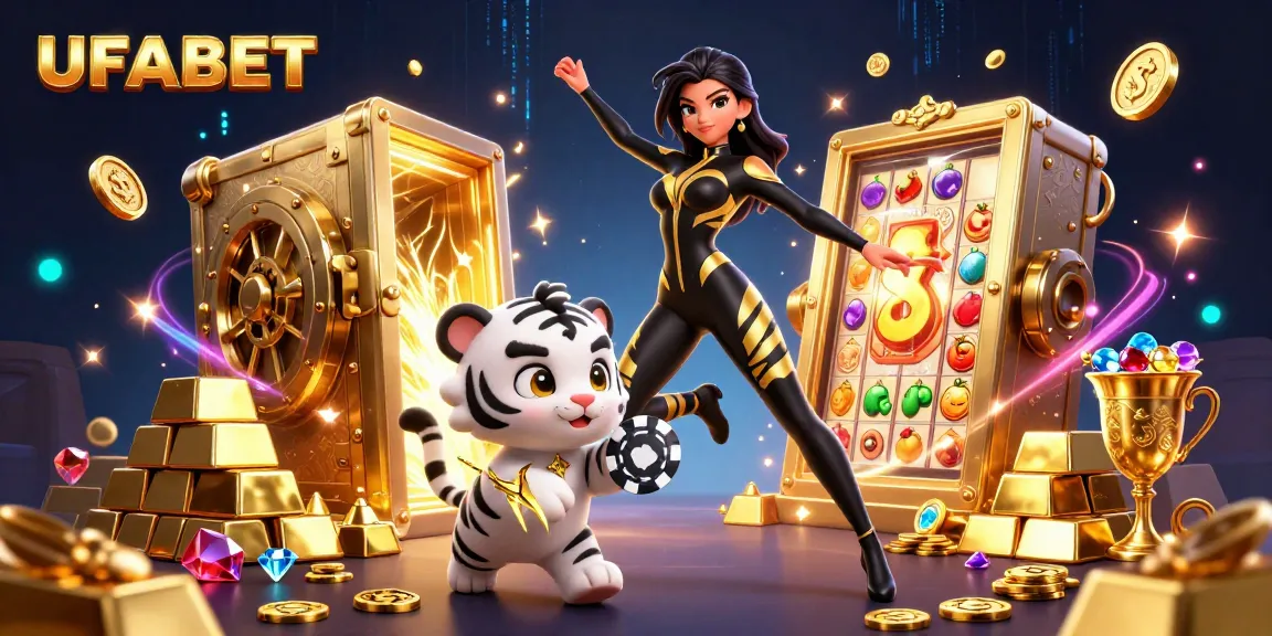 Join the adventure at UFABET, featuring an acrobatic woman and a playful tiger among vibrant casino elements.
