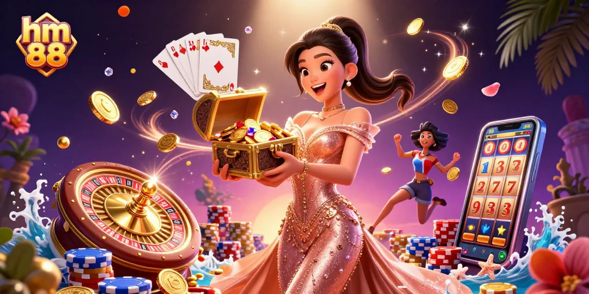 Bet big with HM 88's exciting treasure chest filled with coins and gems, sparkling casino action!