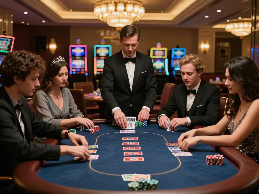 Kuwin players enjoying an intense poker game with vibrant chips and cards on upscale casino table