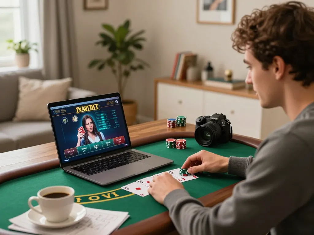 Player enjoying a live dealer blackjack game at home with 123B, showcasing strategic gameplay.