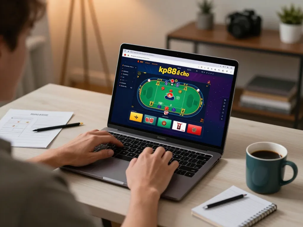Engaging player at home using kp88 nhà cái platform for online poker, showcasing strategic gaming environment.