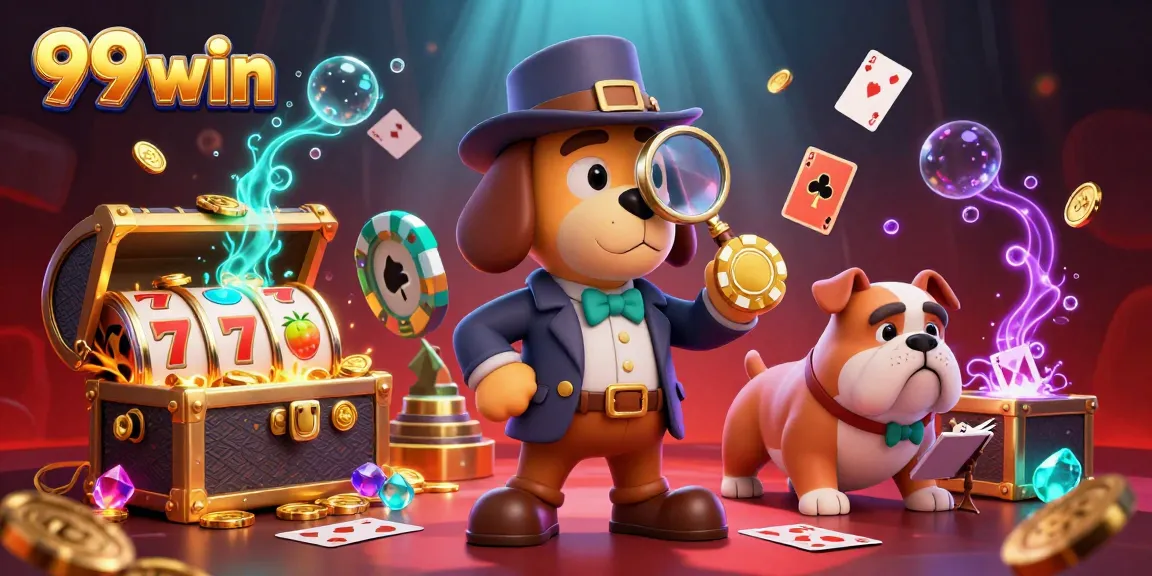 Engage in the excitement of 99 win with a vibrant illustration featuring cartoon characters examining poker chips and slot machines.