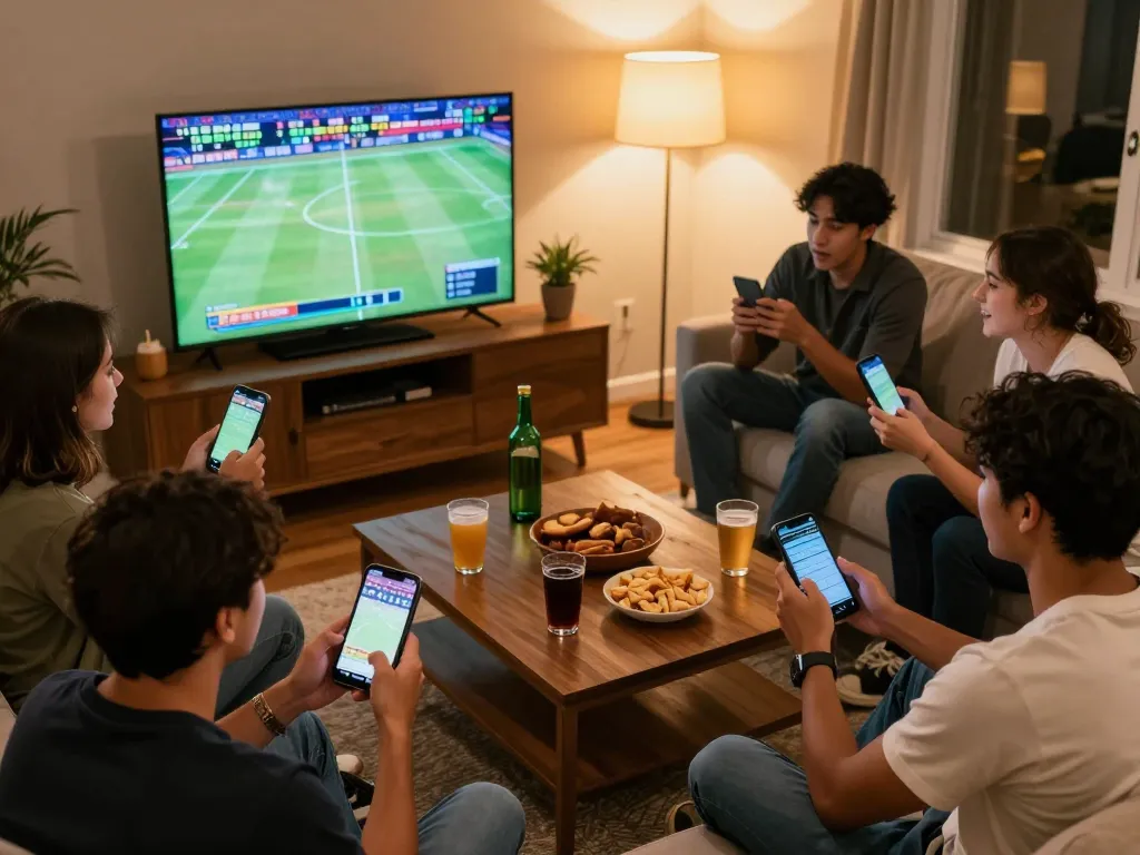 Engaged friends betting on kerajaanslot during a live sports event at home