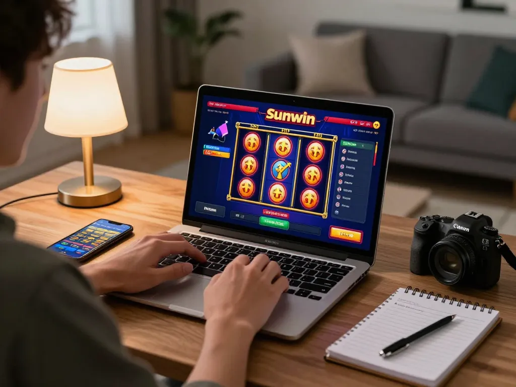Engaging online gaming experience with Sunwin interface and strategy notes in cozy home setting.