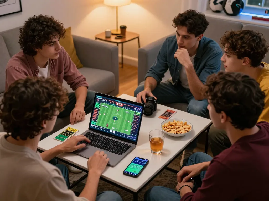Exciting group of friends analyzing sports statistics while enjoying the g28 game on a cozy game night setup.