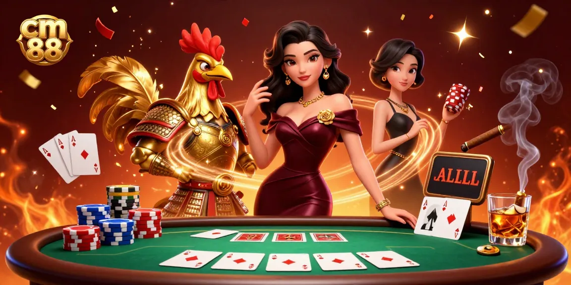 Engage in thrilling gameplay at cm 88's vibrant casino featuring glamorous characters and exciting poker elements.