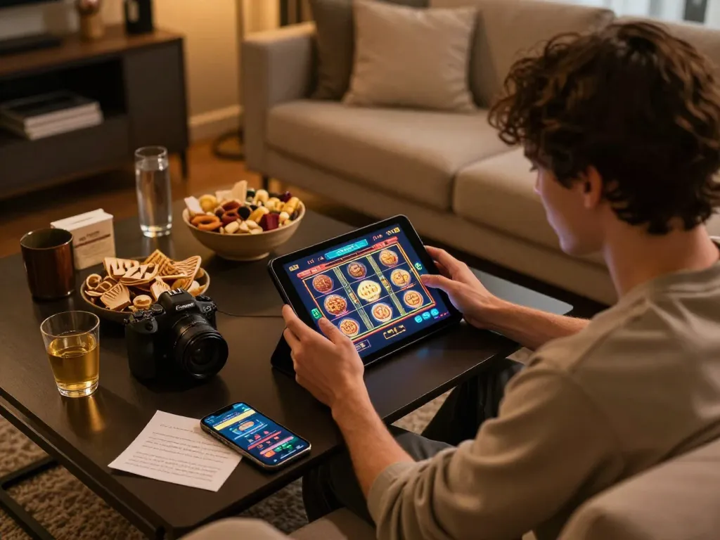 Player spins the reels on a tablet in a cozy home setting, highlighting m111 digital gaming experience.