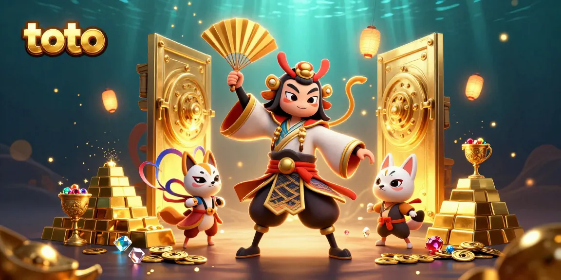 Engage in exciting toto gameplay with vibrant characters amidst treasures and a casino atmosphere.