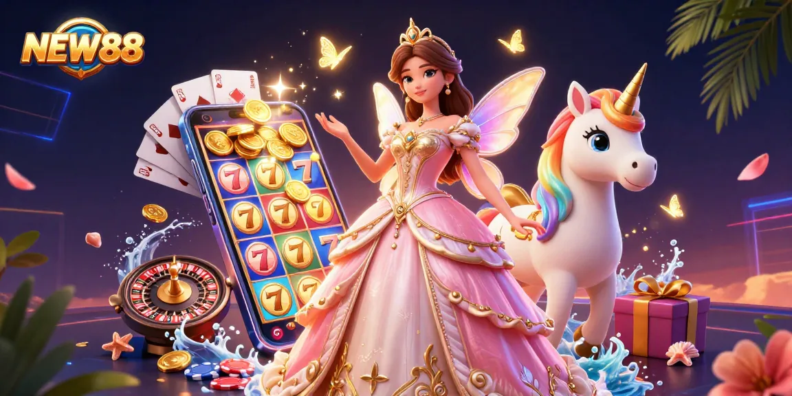 Engage in winning action at NEW88 with vibrant 3D illustration featuring slot games, golden coins, and a fairy-tale theme.