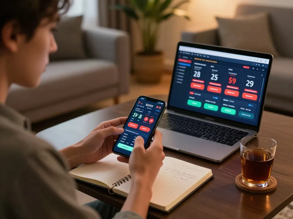 Player analyzing betting strategies on lc88 app in a cozy modern setting.