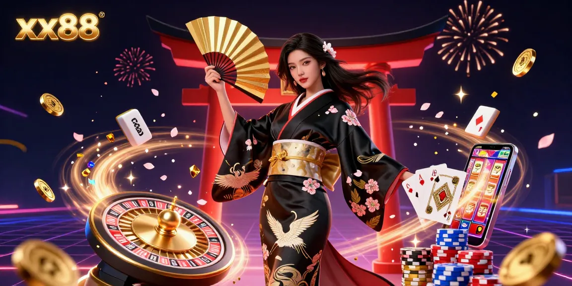 Experience the thrill of xx88 with an elegant Asian woman featuring golden accessories amidst a vibrant casino backdrop.