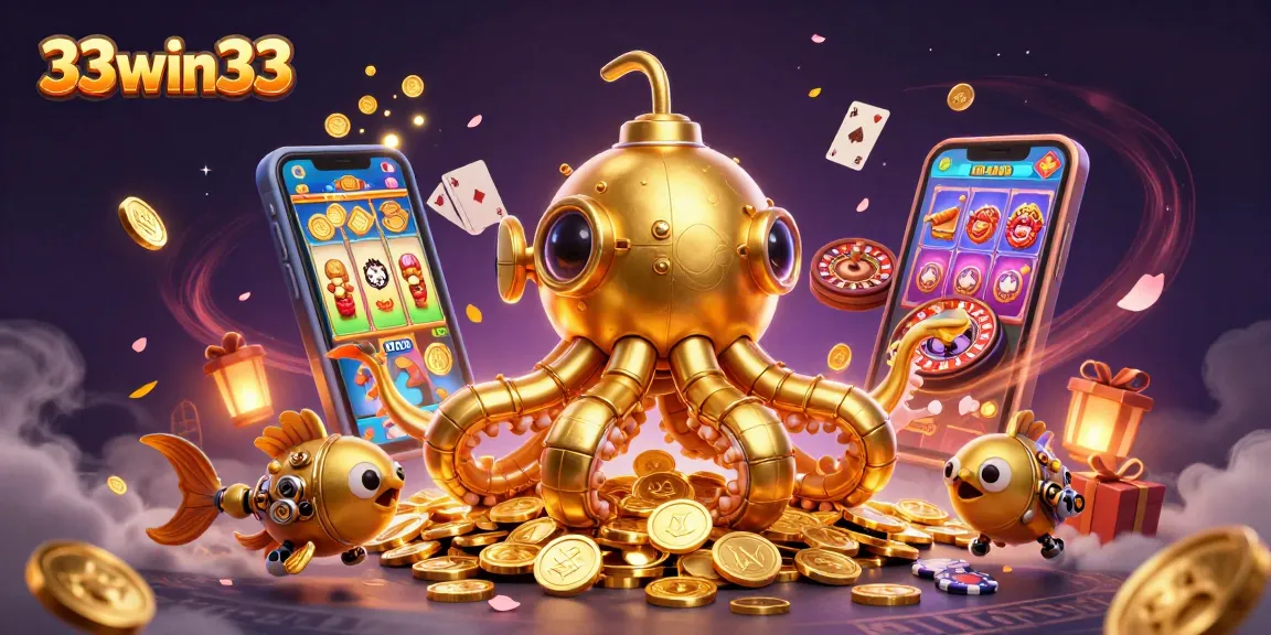 Win jackpots with 33win33's vibrant 3D gaming scene featuring a golden kraken and slot games