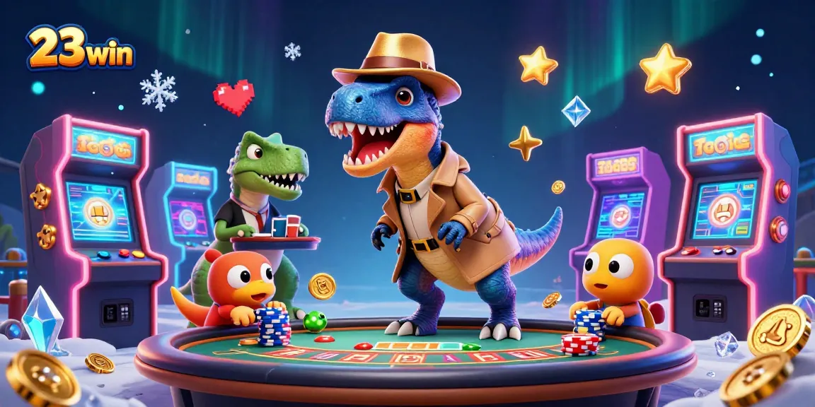 Experience thrilling gameplay at 23 win with a playful velociraptor card counter and a wise stegosaurus, embodying the vibrant casino atmosphere.