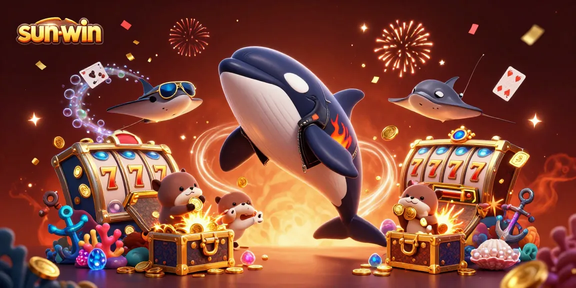 Engage in winning moments at Sun-win with a vibrant 3D casino illustration featuring playful sea creatures.