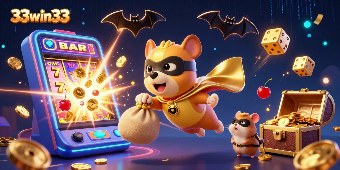 Experience thrilling wins with the dynamic 33win33 3D casino illustration featuring an energetic scene of winning symbols and joyful characters.