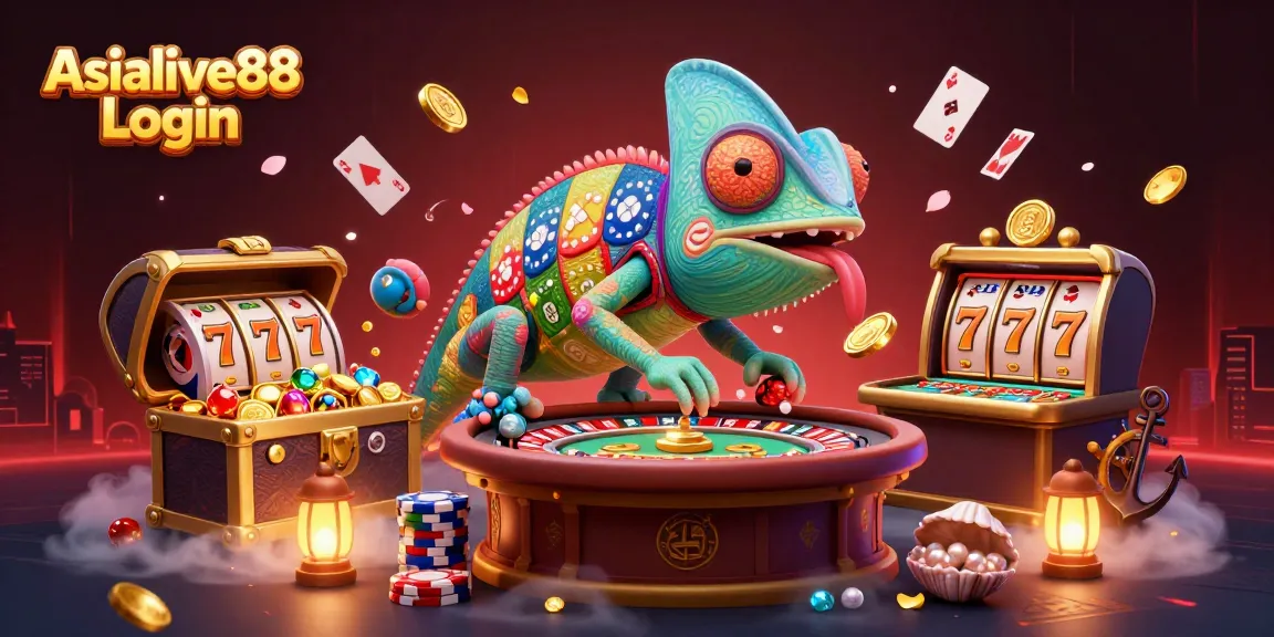 Experience the thrill of Asialive88 Login with vibrant casino elements and a colorful chameleon.
