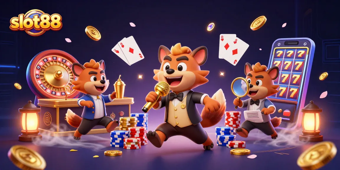 Permainan slot88 dengan karakter hyena lucu dan elemen kasino menawan, meriah di dunia judi.