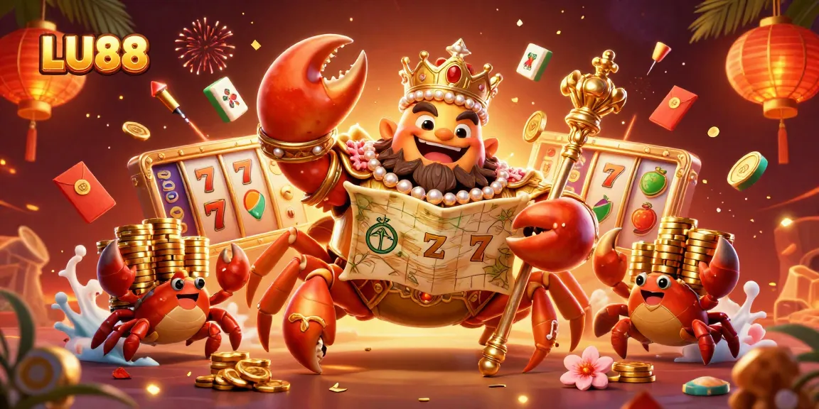 Engage with LU88, featuring a vibrant 3D illustration of a golden crab emperor amidst slot reels and festive elements.