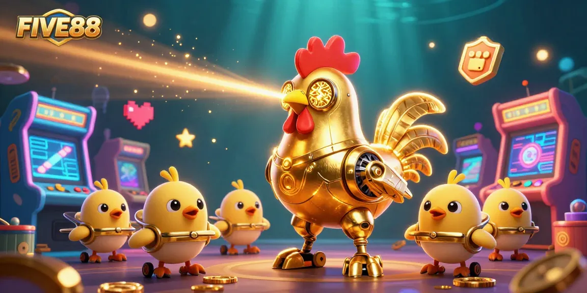 Experience the thrill of FIVE88 with a vibrant 3D casino illustration filled with engaging game elements.