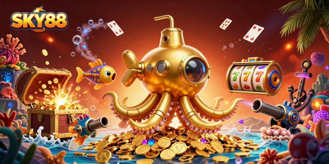 Experience the excitement of SKY88 with colorful slot elements and a golden kraken submarine illustration.
