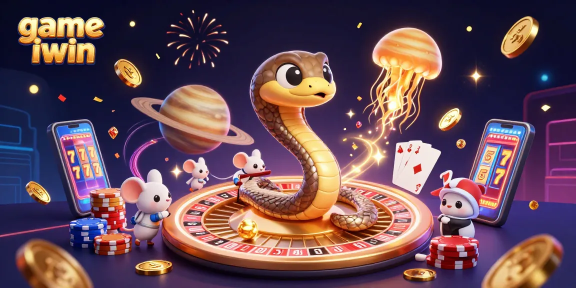 Experience the thrill of game iwin with a vibrant 3D casino scene of betting, roulette, and cosmic elements.