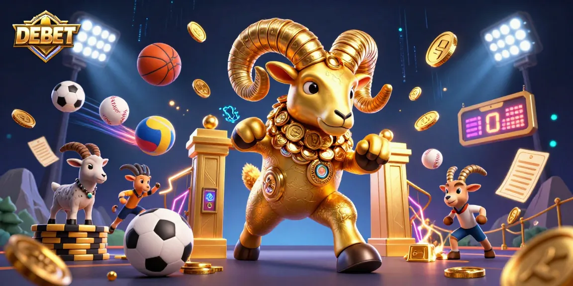 DEBET showcases a golden ram charging through a vibrant sports betting scene.