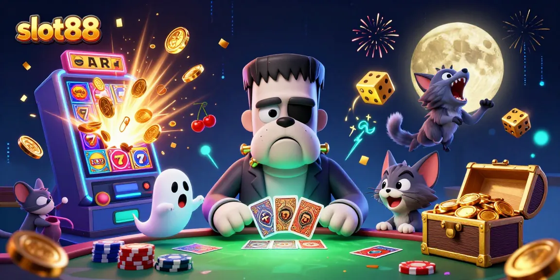 Mainkan slot88 dengan monster bulldog Frankenstein dan kitten werewolf di meja kasino yang menakutkan.