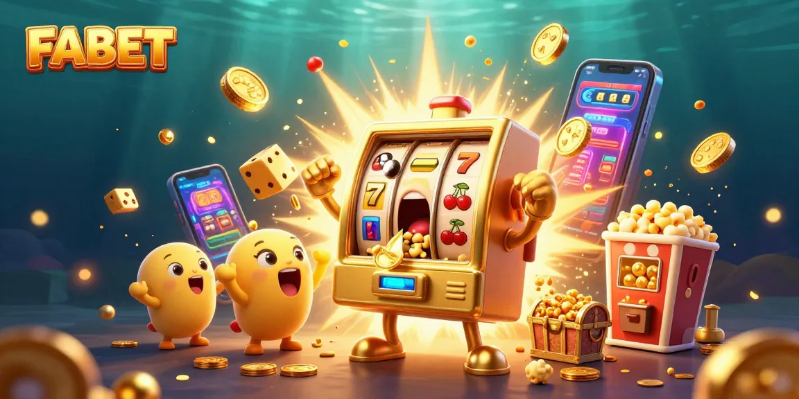 Win with FABET at the exciting slots scene, featuring vibrant animated slot machines and festive confetti.