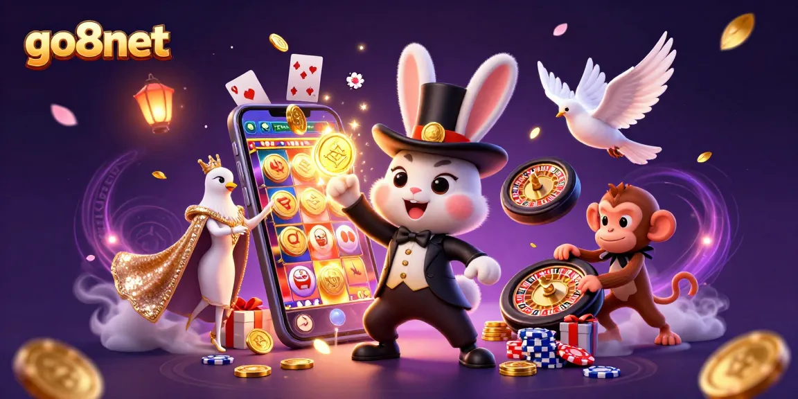 Experience the thrill of go8net with a magical rabbit, coins, and vibrant casino elements in this dynamic 3D illustration.