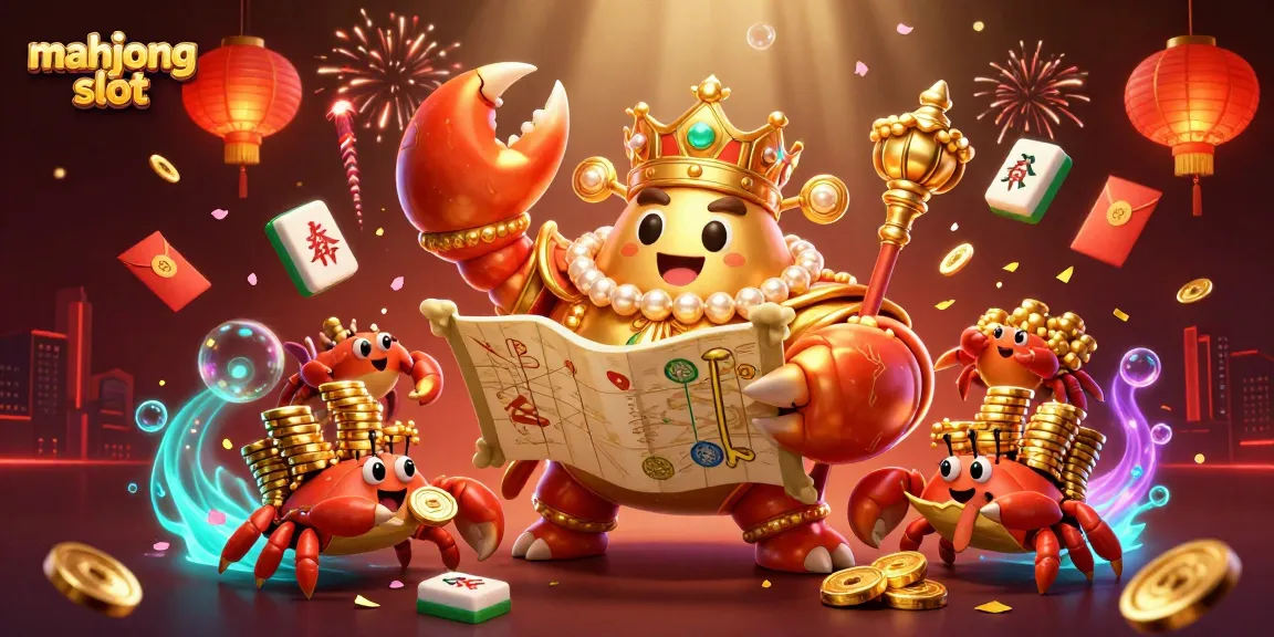 Enjoy vibrant mahjong slot gaming excitement with golden crab emperor and festive elements.