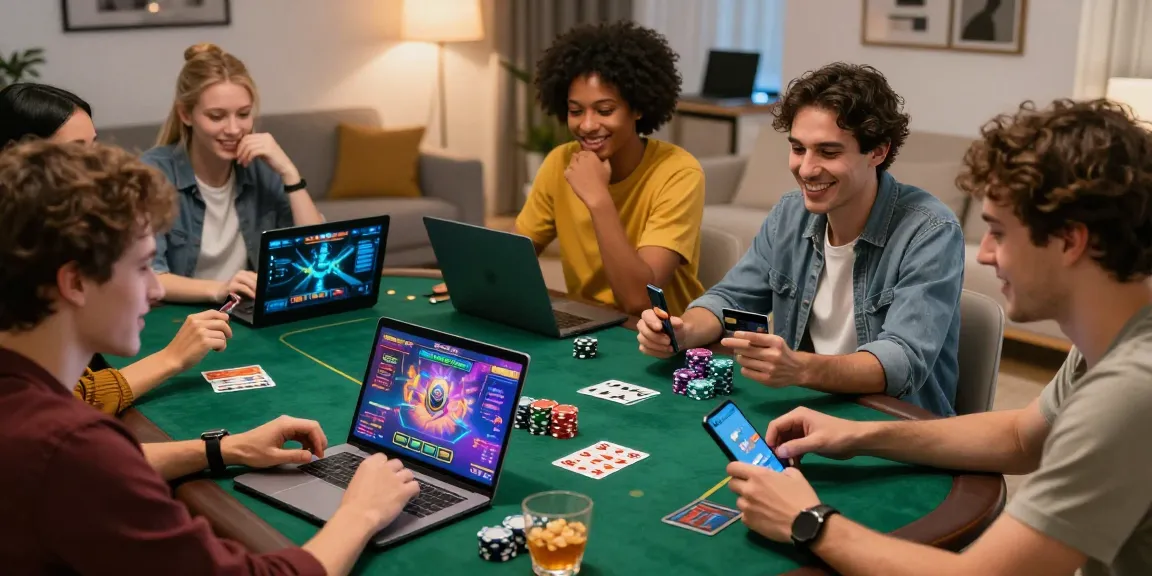 Credit card casinos scene featuring friends playing at home enjoying online games at https://eviz.org.uk with laptops and chips.