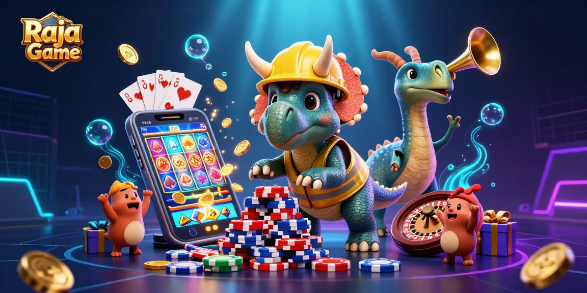Play thrilling games on Raja Game with a fun 3D scene of a triceratops building poker chips.