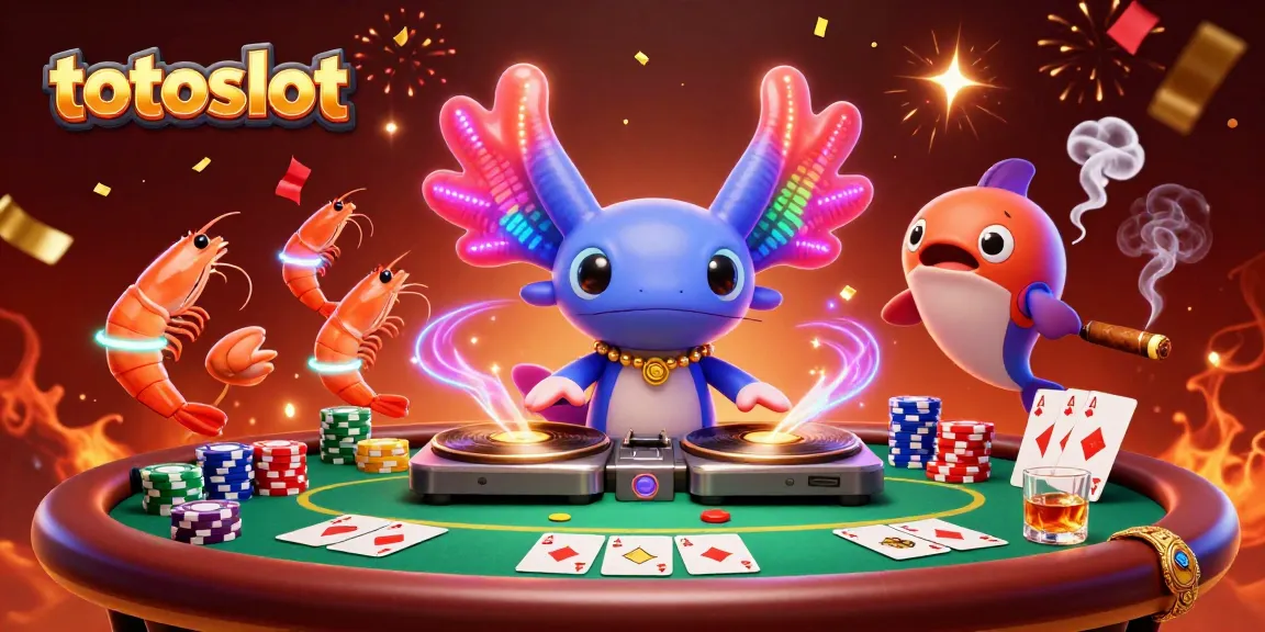 Totoslot brings excitement as a neon axolotl DJ spins tracks surrounded by vibrant poker elements.