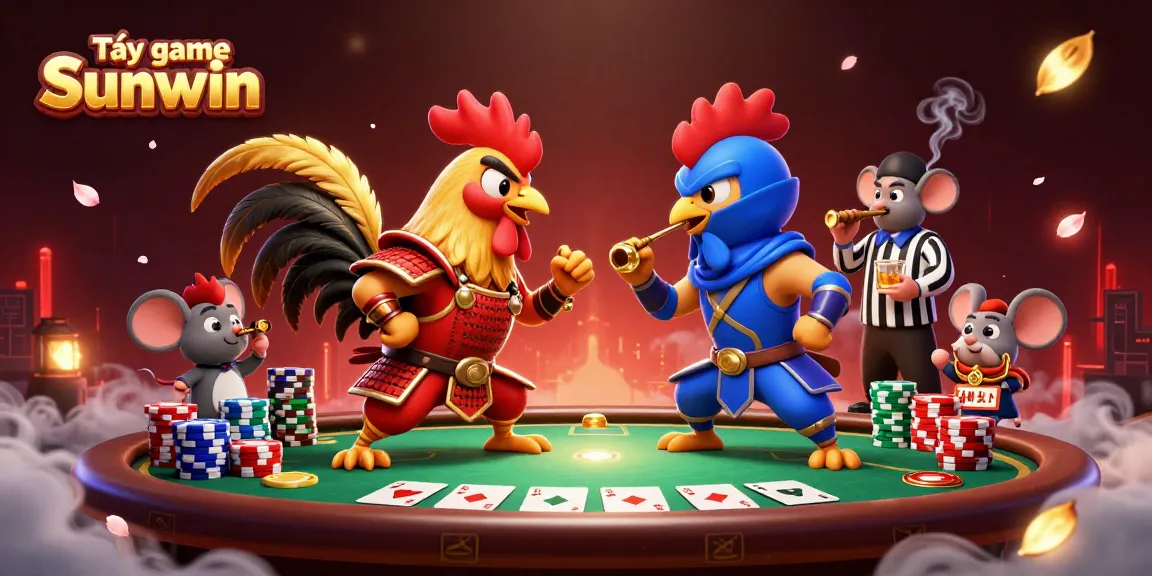 Tải game Sunwin with dynamic roosters in a gaming standoff, surrounded by colorful poker elements.