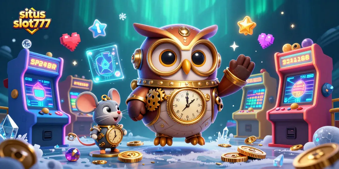 Menyaksikan petualangan situs slot777 dengan karakter burung hantu waktu dan tikus, serta elemen permainan kasino yang futuristik.