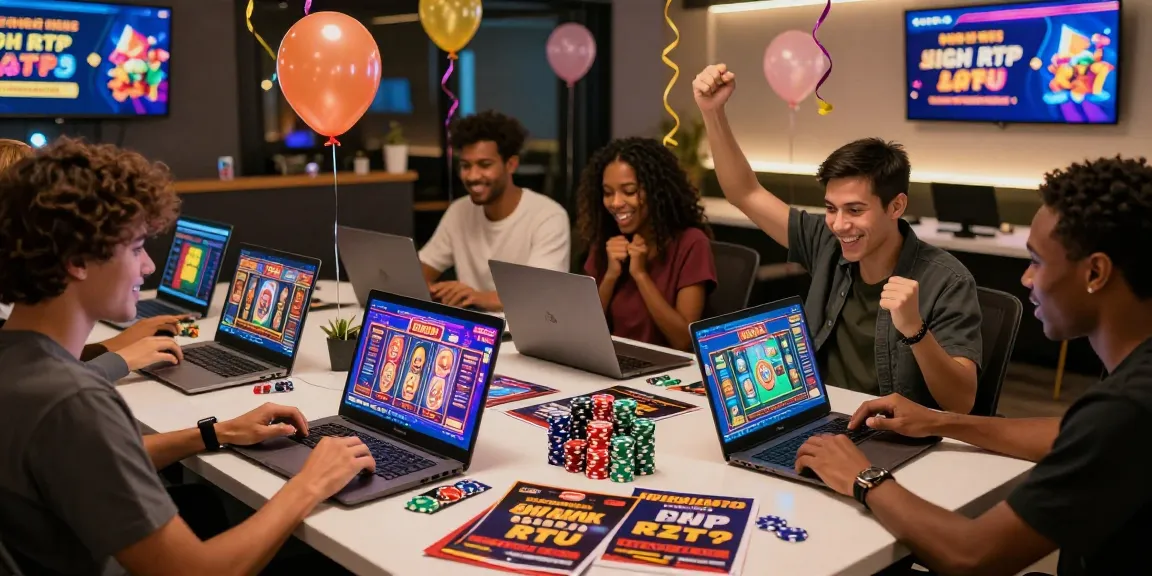 Gamers enjoying new online slot sites at a lively celebration, showcasing vibrant interfaces and exciting gameplay.