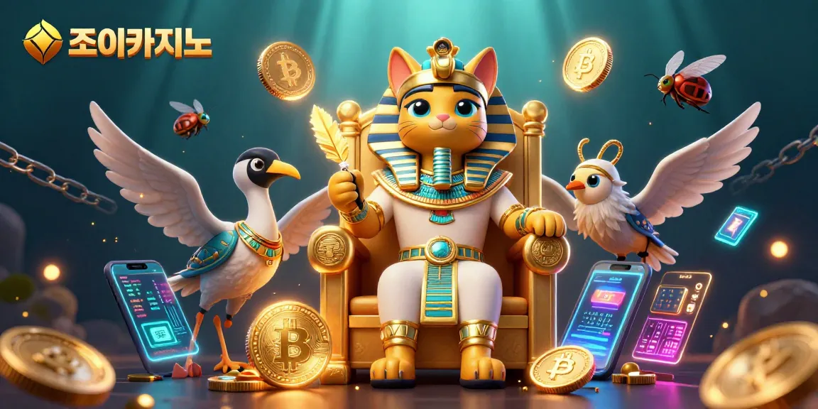 Engage in exciting gameplay at 조이카지노 with vibrant 3D characters and cryptocurrency elements illustrated in a dynamic casino atmosphere.